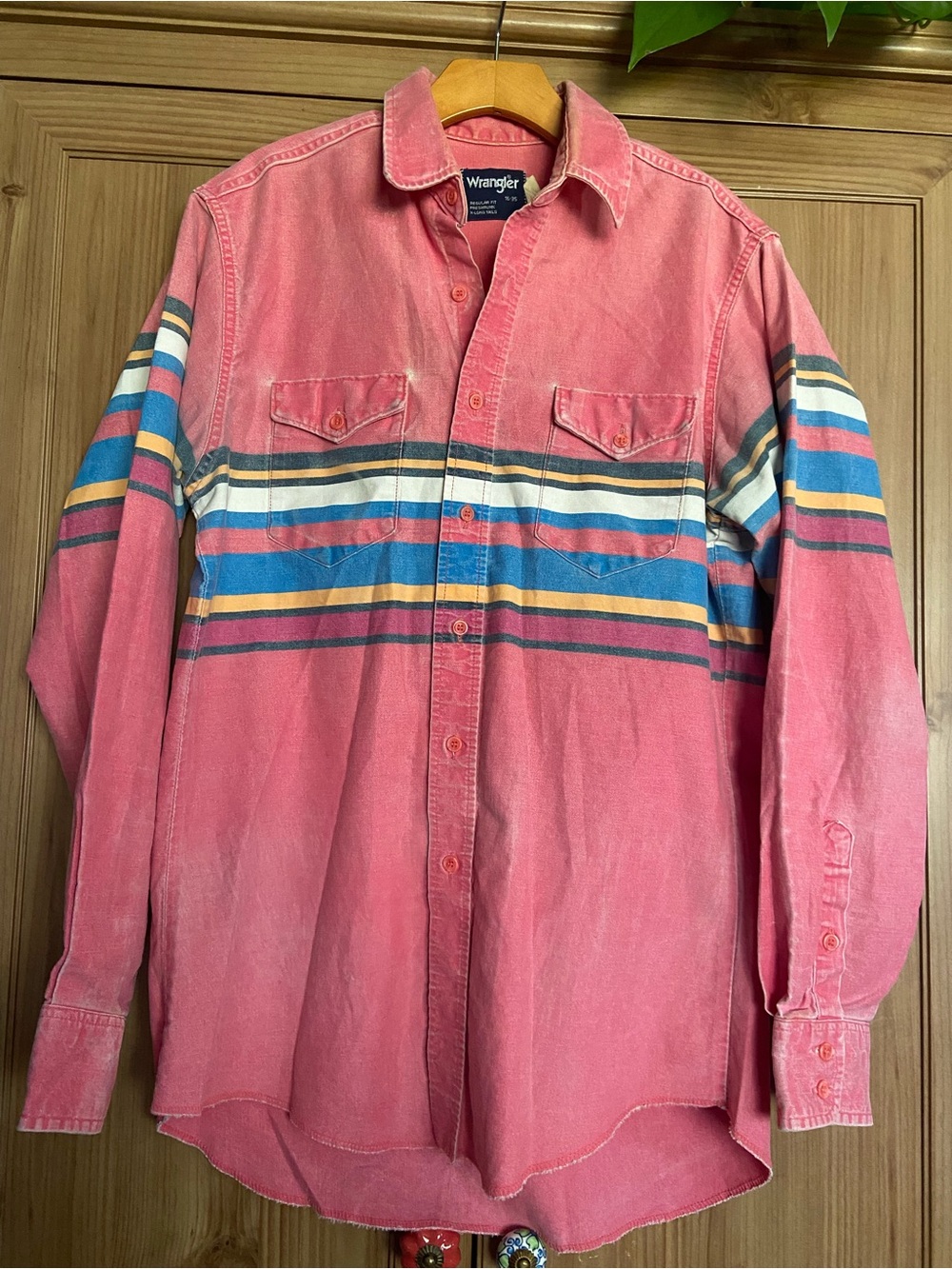 Wrangler Brushpopper Coral Pink Button-Down Shirt Multicolor Stripes 16-35